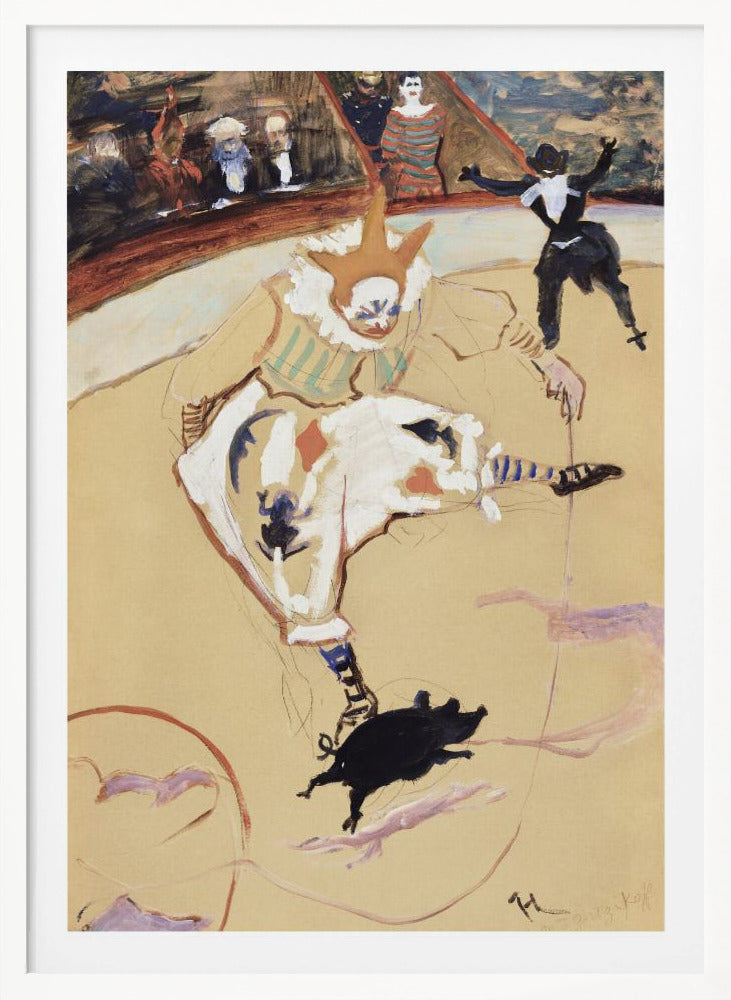 A vintage painting by Henri de Toulouse-Lautrec titled 'The Clown Chau-u-kao with a Pig'. The artwork shows a clown in a white costume with a pointed hat and ruffled collar in a circus ring, performing with a small black pig. In the background, another performer and an audience can be seen. Poster