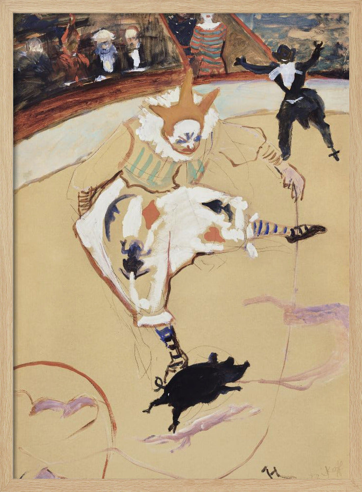 A vintage painting by Henri de Toulouse-Lautrec titled 'The Clown Chau-u-kao with a Pig'. The artwork shows a clown in a white costume with a pointed hat and ruffled collar in a circus ring, performing with a small black pig. In the background, another performer and an audience can be seen. Poster