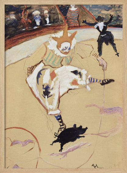 A vintage painting by Henri de Toulouse-Lautrec titled 'The Clown Chau-u-kao with a Pig'. The artwork shows a clown in a white costume with a pointed hat and ruffled collar in a circus ring, performing with a small black pig. In the background, another performer and an audience can be seen. Poster