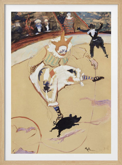 A vintage painting by Henri de Toulouse-Lautrec titled 'The Clown Chau-u-kao with a Pig'. The artwork shows a clown in a white costume with a pointed hat and ruffled collar in a circus ring, performing with a small black pig. In the background, another performer and an audience can be seen. Poster