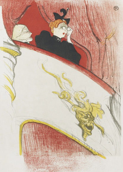 A vintage Art Nouveau illustration by Toulouse-Lautrec, 'La Loge au Mascaron Doré', depicting two women in a theater box. One woman with red hair and a black hat looks through opera glasses. The white box is adorned with a detailed golden grotesque mask, with red curtains in the background. The style is sketchy and expressive. Print