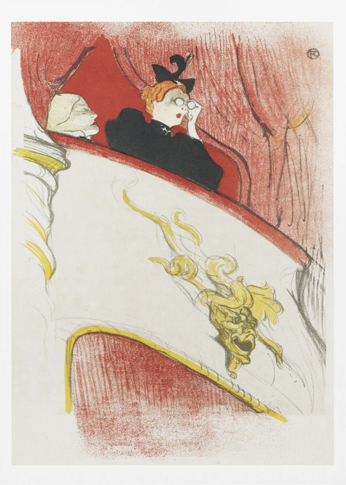 A vintage Art Nouveau illustration by Toulouse-Lautrec, 'La Loge au Mascaron Doré', depicting two women in a theater box. One woman with red hair and a black hat looks through opera glasses. The white box is adorned with a detailed golden grotesque mask, with red curtains in the background. The style is sketchy and expressive. Print