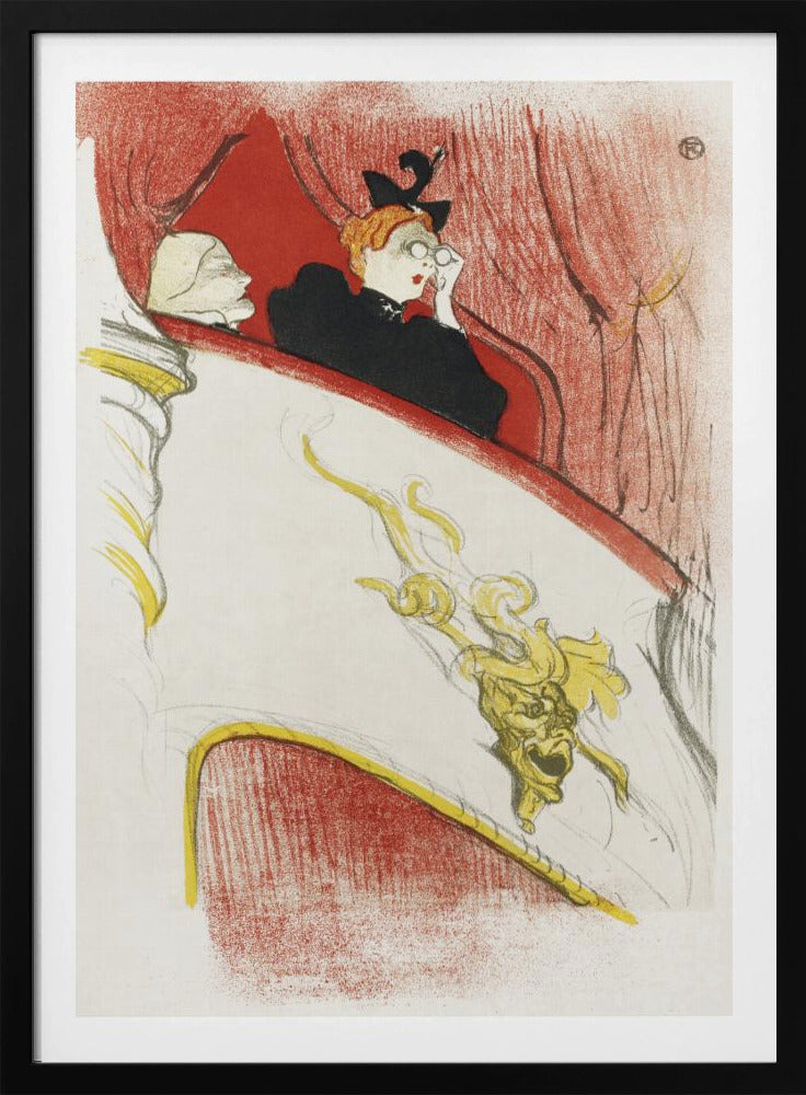 A vintage Art Nouveau illustration by Toulouse-Lautrec, 'La Loge au Mascaron Doré', depicting two women in a theater box. One woman with red hair and a black hat looks through opera glasses. The white box is adorned with a detailed golden grotesque mask, with red curtains in the background. The style is sketchy and expressive. Print