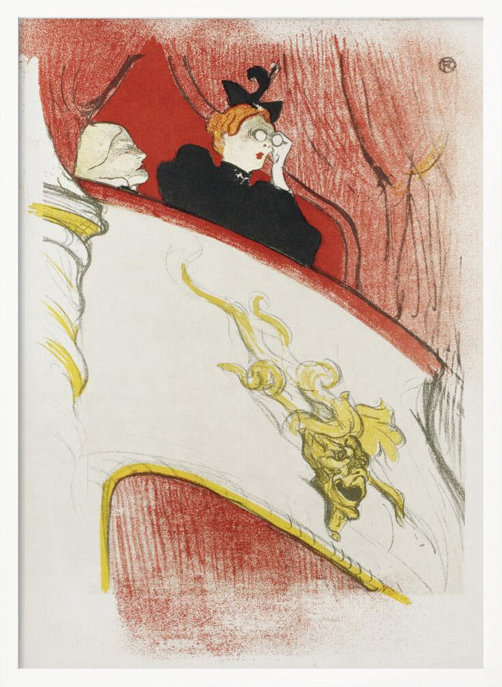 A vintage Art Nouveau illustration by Toulouse-Lautrec, 'La Loge au Mascaron Doré', depicting two women in a theater box. One woman with red hair and a black hat looks through opera glasses. The white box is adorned with a detailed golden grotesque mask, with red curtains in the background. The style is sketchy and expressive. Print