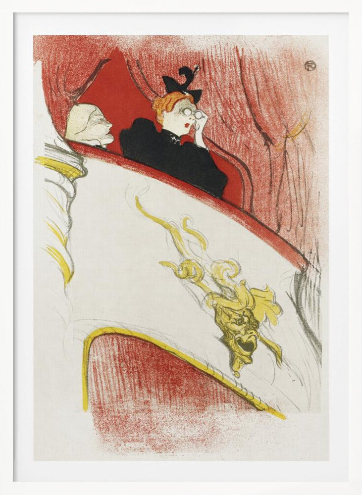 A vintage Art Nouveau illustration by Toulouse-Lautrec, 'La Loge au Mascaron Doré', depicting two women in a theater box. One woman with red hair and a black hat looks through opera glasses. The white box is adorned with a detailed golden grotesque mask, with red curtains in the background. The style is sketchy and expressive. Print