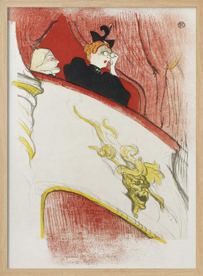 A vintage Art Nouveau illustration by Toulouse-Lautrec, 'La Loge au Mascaron Doré', depicting two women in a theater box. One woman with red hair and a black hat looks through opera glasses. The white box is adorned with a detailed golden grotesque mask, with red curtains in the background. The style is sketchy and expressive. Print