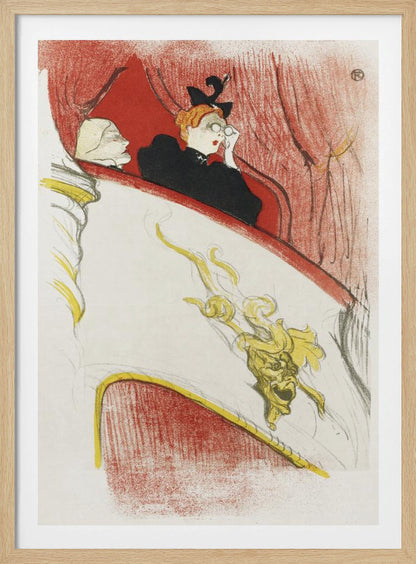 A vintage Art Nouveau illustration by Toulouse-Lautrec, 'La Loge au Mascaron Doré', depicting two women in a theater box. One woman with red hair and a black hat looks through opera glasses. The white box is adorned with a detailed golden grotesque mask, with red curtains in the background. The style is sketchy and expressive. Print
