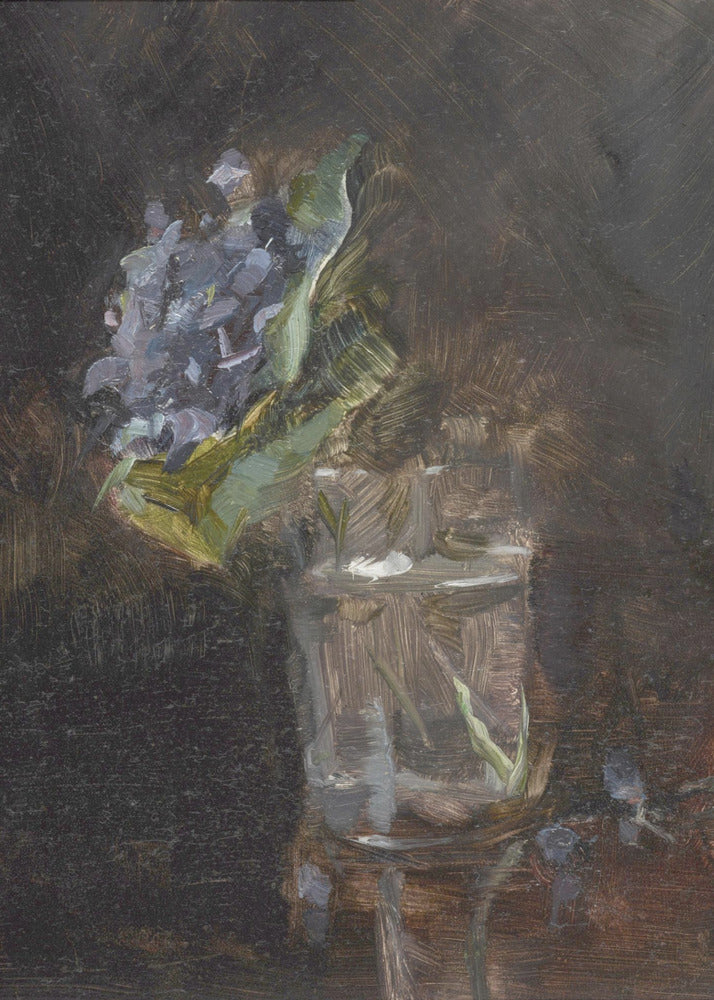 A moody, impressionistic still life oil painting of a cluster of purple flowers and green leaves in a clear glass of water, set against a dark, textured brown background. Wall Art