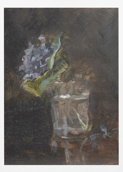 A moody, impressionistic still life oil painting of a cluster of purple flowers and green leaves in a clear glass of water, set against a dark, textured brown background. Wall Art