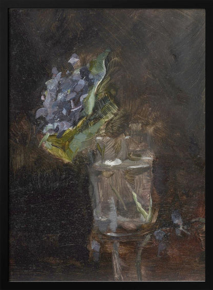 A moody, impressionistic still life oil painting of a cluster of purple flowers and green leaves in a clear glass of water, set against a dark, textured brown background. Wall Art