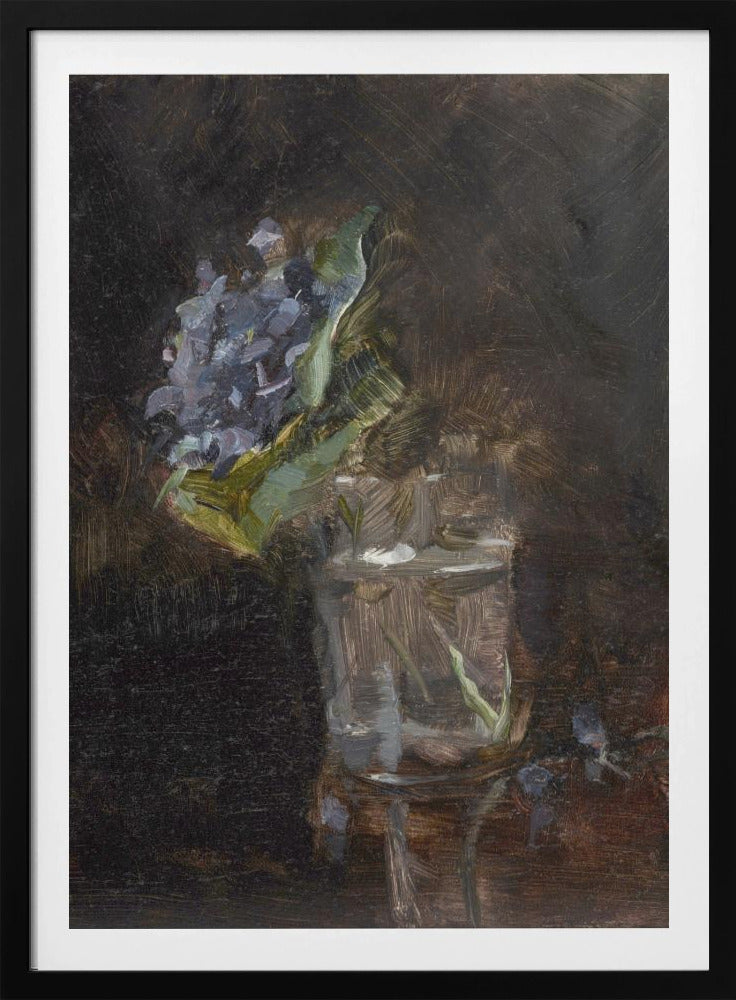 A moody, impressionistic still life oil painting of a cluster of purple flowers and green leaves in a clear glass of water, set against a dark, textured brown background. Wall Art