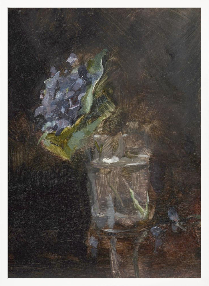 A moody, impressionistic still life oil painting of a cluster of purple flowers and green leaves in a clear glass of water, set against a dark, textured brown background. Wall Art