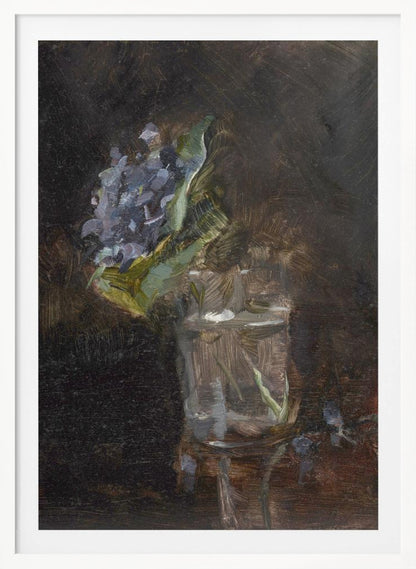 A moody, impressionistic still life oil painting of a cluster of purple flowers and green leaves in a clear glass of water, set against a dark, textured brown background. Wall Art