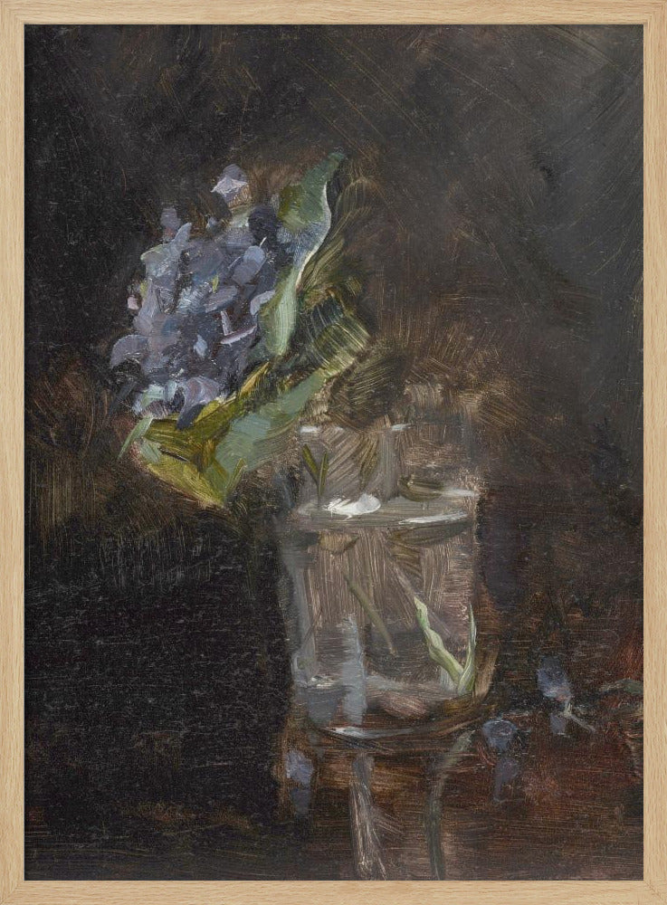A moody, impressionistic still life oil painting of a cluster of purple flowers and green leaves in a clear glass of water, set against a dark, textured brown background. Wall Art