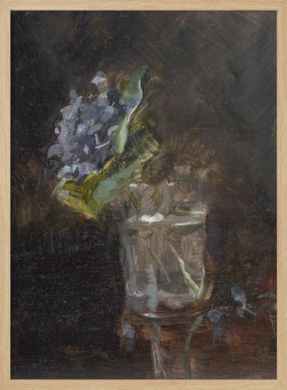 A moody, impressionistic still life oil painting of a cluster of purple flowers and green leaves in a clear glass of water, set against a dark, textured brown background. Wall Art