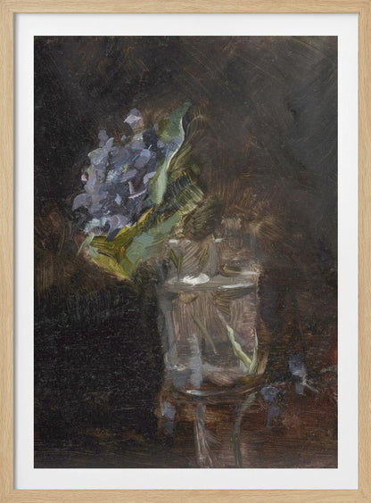 A moody, impressionistic still life oil painting of a cluster of purple flowers and green leaves in a clear glass of water, set against a dark, textured brown background. Wall Art