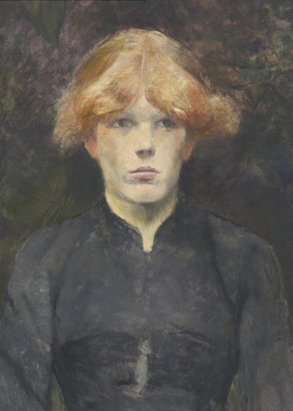 A painterly portrait of a young person with fair skin and striking reddish-blonde hair, looking directly at the viewer with a neutral expression. They are dressed in a simple, dark, high-collared garment against a dark, moody, and abstract background. Poster