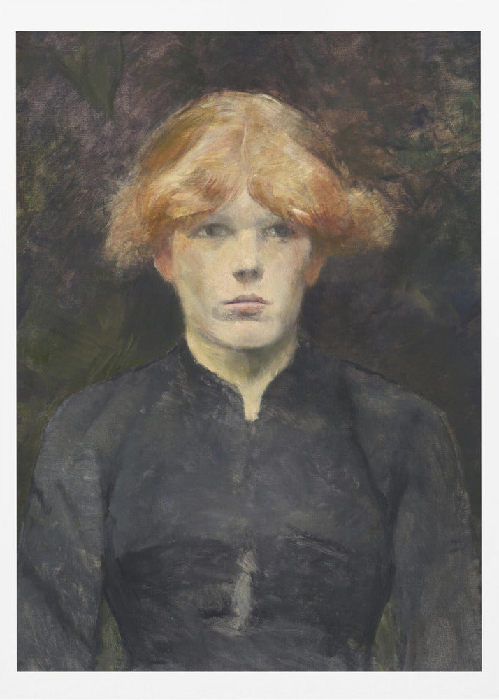 A painterly portrait of a young person with fair skin and striking reddish-blonde hair, looking directly at the viewer with a neutral expression. They are dressed in a simple, dark, high-collared garment against a dark, moody, and abstract background. Poster