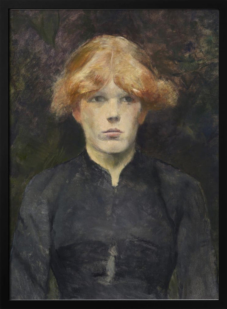 A painterly portrait of a young person with fair skin and striking reddish-blonde hair, looking directly at the viewer with a neutral expression. They are dressed in a simple, dark, high-collared garment against a dark, moody, and abstract background. Poster