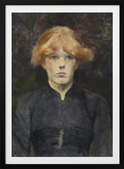 A painterly portrait of a young person with fair skin and striking reddish-blonde hair, looking directly at the viewer with a neutral expression. They are dressed in a simple, dark, high-collared garment against a dark, moody, and abstract background. Poster