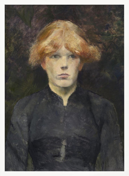 A painterly portrait of a young person with fair skin and striking reddish-blonde hair, looking directly at the viewer with a neutral expression. They are dressed in a simple, dark, high-collared garment against a dark, moody, and abstract background. Poster