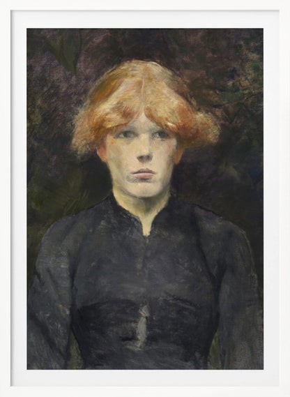 A painterly portrait of a young person with fair skin and striking reddish-blonde hair, looking directly at the viewer with a neutral expression. They are dressed in a simple, dark, high-collared garment against a dark, moody, and abstract background. Poster