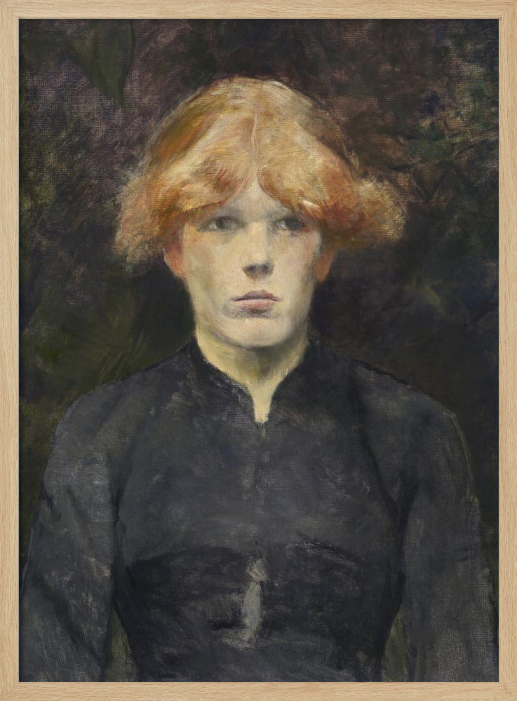 A painterly portrait of a young person with fair skin and striking reddish-blonde hair, looking directly at the viewer with a neutral expression. They are dressed in a simple, dark, high-collared garment against a dark, moody, and abstract background. Poster