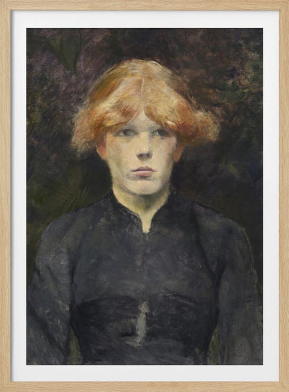 A painterly portrait of a young person with fair skin and striking reddish-blonde hair, looking directly at the viewer with a neutral expression. They are dressed in a simple, dark, high-collared garment against a dark, moody, and abstract background. Poster