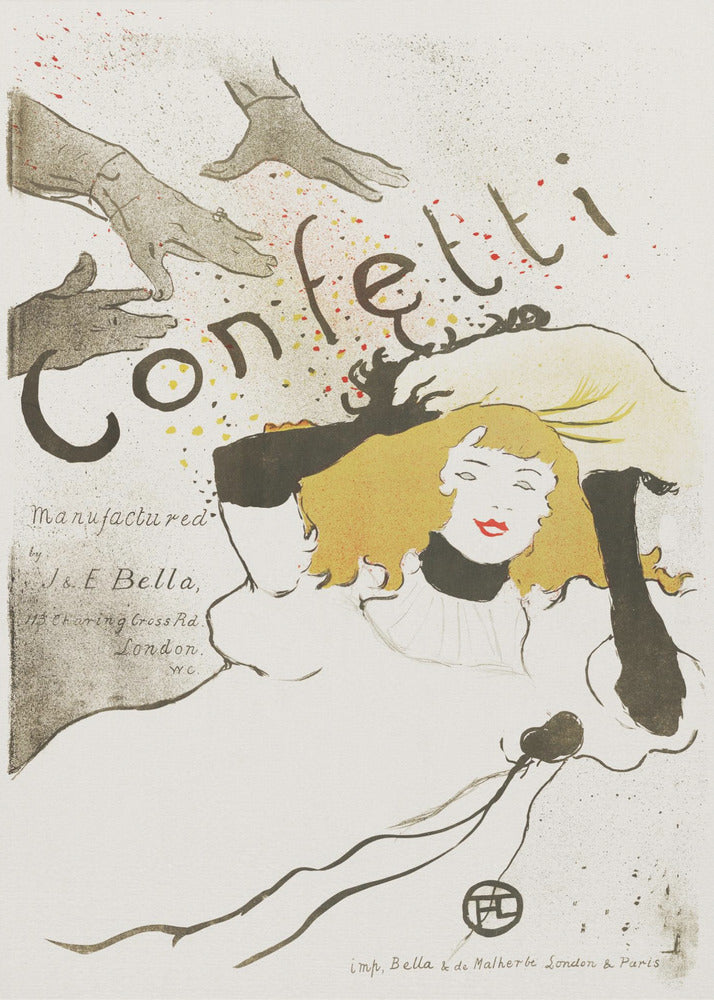 A vintage Art Nouveau poster by Henri de Toulouse-Lautrec advertising 'Confetti'. The illustration features a woman with blonde hair and red lipstick, wearing black gloves, looking up as hands above her shower her with colorful confetti. The background is a light cream color with black text. Poster