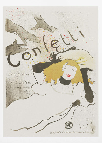 A vintage Art Nouveau poster by Henri de Toulouse-Lautrec advertising 'Confetti'. The illustration features a woman with blonde hair and red lipstick, wearing black gloves, looking up as hands above her shower her with colorful confetti. The background is a light cream color with black text. Poster