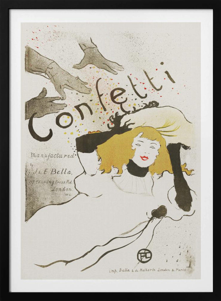 A vintage Art Nouveau poster by Henri de Toulouse-Lautrec advertising 'Confetti'. The illustration features a woman with blonde hair and red lipstick, wearing black gloves, looking up as hands above her shower her with colorful confetti. The background is a light cream color with black text. Poster