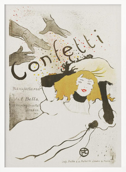 A vintage Art Nouveau poster by Henri de Toulouse-Lautrec advertising 'Confetti'. The illustration features a woman with blonde hair and red lipstick, wearing black gloves, looking up as hands above her shower her with colorful confetti. The background is a light cream color with black text. Poster