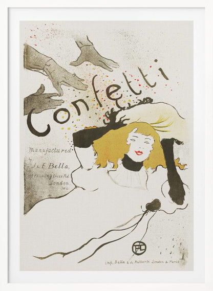 A vintage Art Nouveau poster by Henri de Toulouse-Lautrec advertising 'Confetti'. The illustration features a woman with blonde hair and red lipstick, wearing black gloves, looking up as hands above her shower her with colorful confetti. The background is a light cream color with black text. Poster