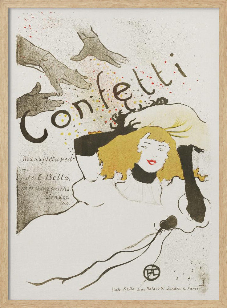 A vintage Art Nouveau poster by Henri de Toulouse-Lautrec advertising 'Confetti'. The illustration features a woman with blonde hair and red lipstick, wearing black gloves, looking up as hands above her shower her with colorful confetti. The background is a light cream color with black text. Poster