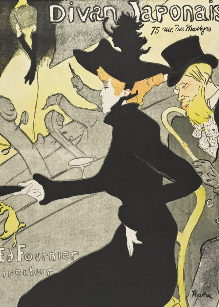 Vintage Art Nouveau poster by Henri de Toulouse-Lautrec for 'Divan Japonais'. It depicts elegant spectators, including Jane Avril in a striking black dress and hat, watching a performance by Yvette Guilbert on stage. The style features bold black outlines and a limited palette of yellow, black, and gray. Artwork