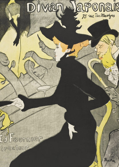 Vintage Art Nouveau poster by Henri de Toulouse-Lautrec for 'Divan Japonais'. It depicts elegant spectators, including Jane Avril in a striking black dress and hat, watching a performance by Yvette Guilbert on stage. The style features bold black outlines and a limited palette of yellow, black, and gray. Artwork