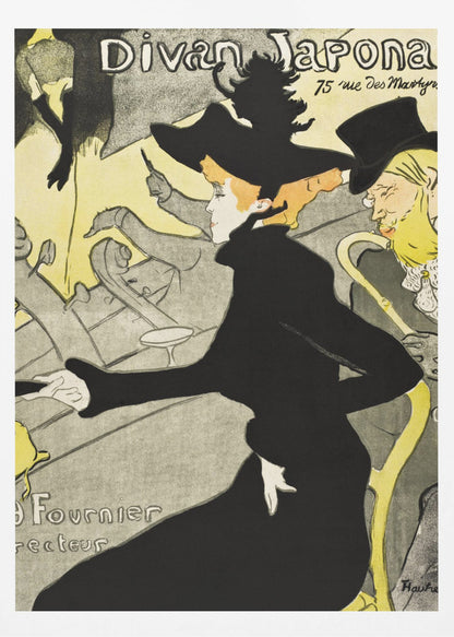 Vintage Art Nouveau poster by Henri de Toulouse-Lautrec for 'Divan Japonais'. It depicts elegant spectators, including Jane Avril in a striking black dress and hat, watching a performance by Yvette Guilbert on stage. The style features bold black outlines and a limited palette of yellow, black, and gray. Artwork