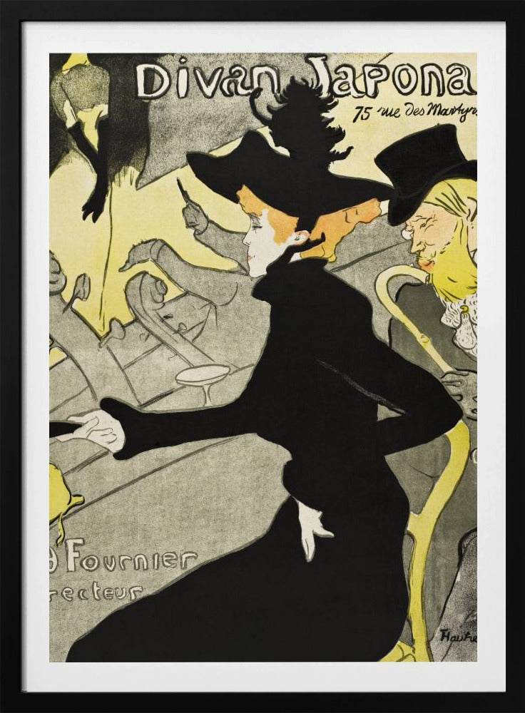Vintage Art Nouveau poster by Henri de Toulouse-Lautrec for 'Divan Japonais'. It depicts elegant spectators, including Jane Avril in a striking black dress and hat, watching a performance by Yvette Guilbert on stage. The style features bold black outlines and a limited palette of yellow, black, and gray. Artwork