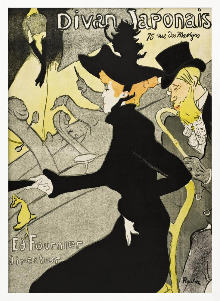Vintage Art Nouveau poster by Henri de Toulouse-Lautrec for 'Divan Japonais'. It depicts elegant spectators, including Jane Avril in a striking black dress and hat, watching a performance by Yvette Guilbert on stage. The style features bold black outlines and a limited palette of yellow, black, and gray. Artwork