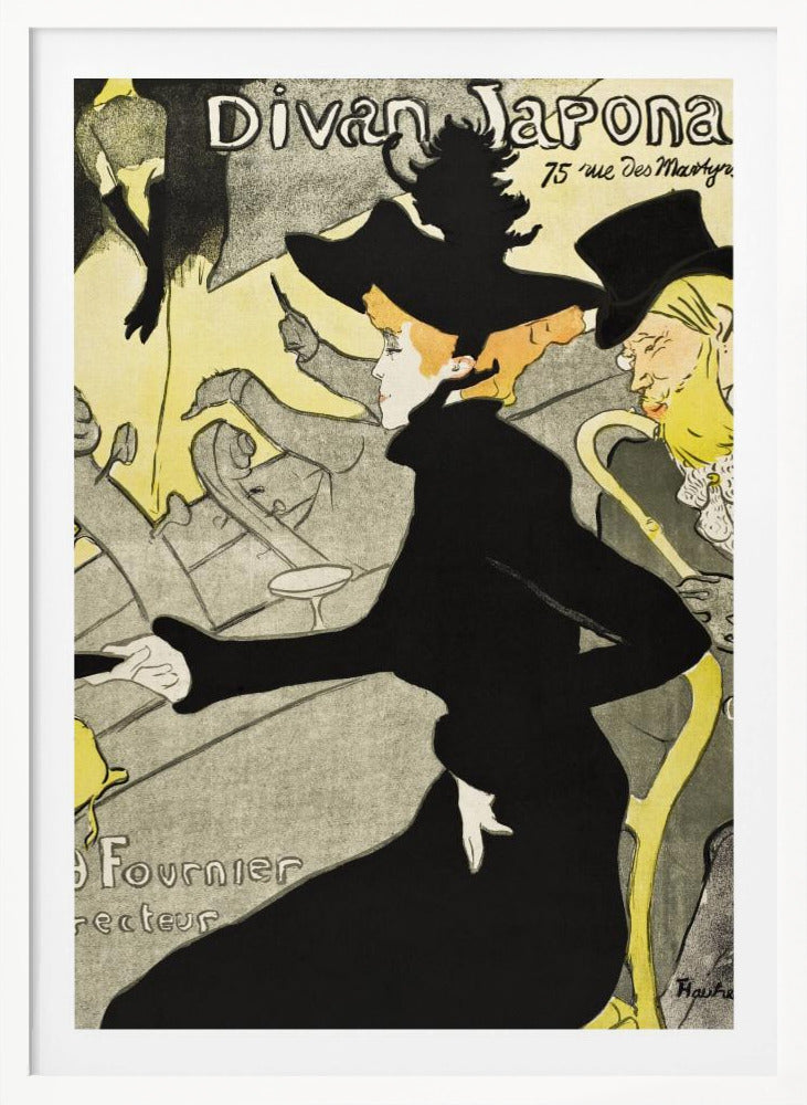 Vintage Art Nouveau poster by Henri de Toulouse-Lautrec for 'Divan Japonais'. It depicts elegant spectators, including Jane Avril in a striking black dress and hat, watching a performance by Yvette Guilbert on stage. The style features bold black outlines and a limited palette of yellow, black, and gray. Artwork