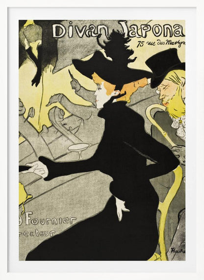 Vintage Art Nouveau poster by Henri de Toulouse-Lautrec for 'Divan Japonais'. It depicts elegant spectators, including Jane Avril in a striking black dress and hat, watching a performance by Yvette Guilbert on stage. The style features bold black outlines and a limited palette of yellow, black, and gray. Artwork