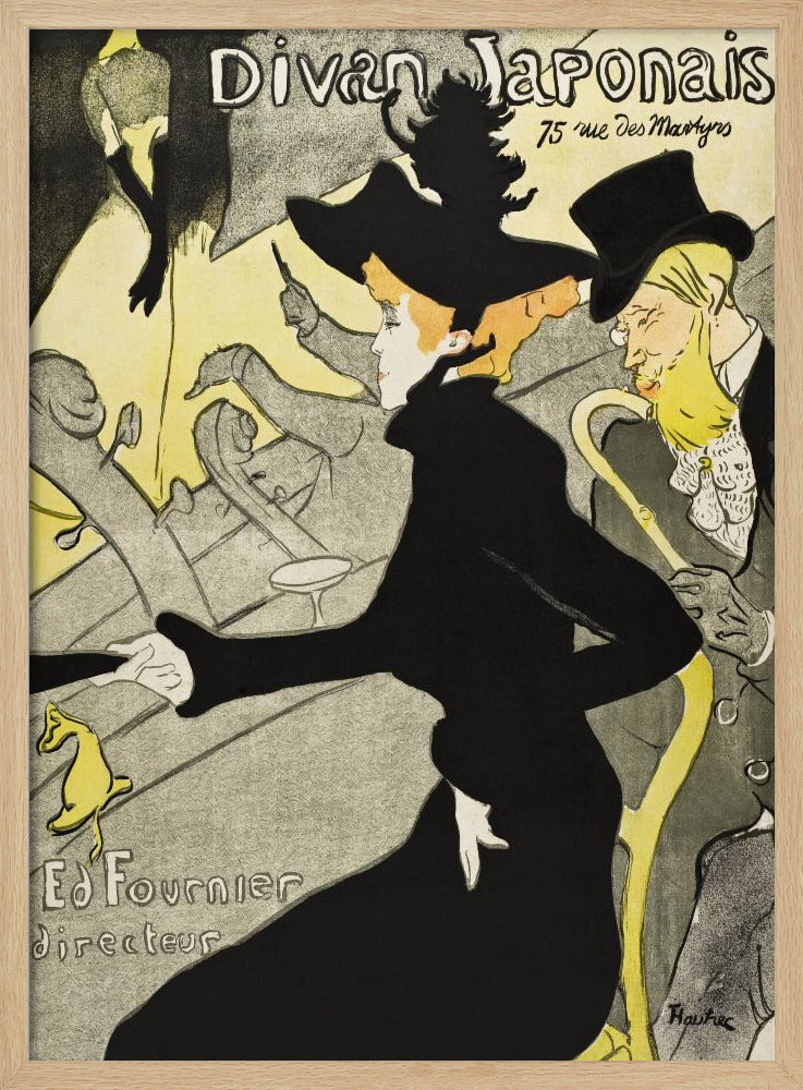 Vintage Art Nouveau poster by Henri de Toulouse-Lautrec for 'Divan Japonais'. It depicts elegant spectators, including Jane Avril in a striking black dress and hat, watching a performance by Yvette Guilbert on stage. The style features bold black outlines and a limited palette of yellow, black, and gray. Artwork
