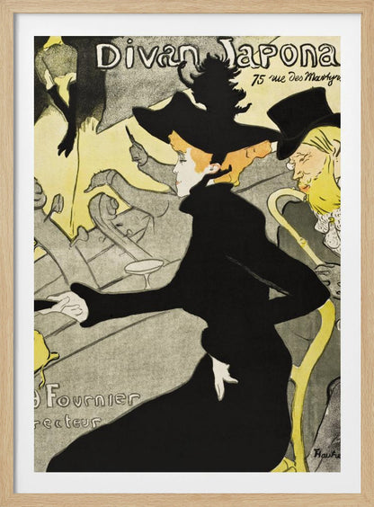 Vintage Art Nouveau poster by Henri de Toulouse-Lautrec for 'Divan Japonais'. It depicts elegant spectators, including Jane Avril in a striking black dress and hat, watching a performance by Yvette Guilbert on stage. The style features bold black outlines and a limited palette of yellow, black, and gray. Artwork