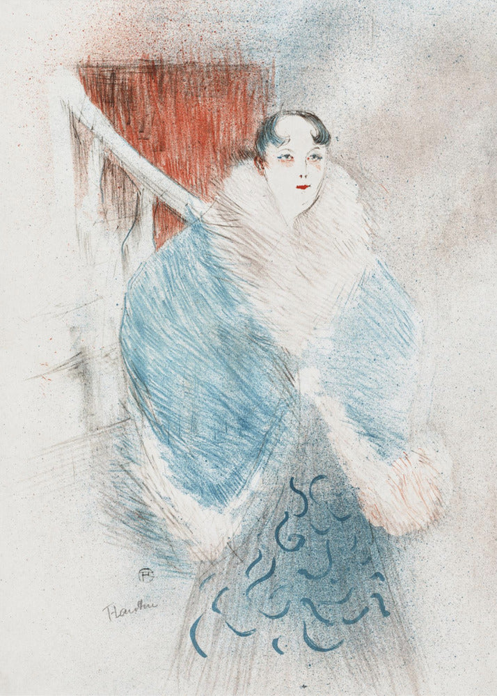 A vintage sketch-style artwork of a woman with dark hair and red lipstick, wearing an elegant, oversized blue coat with a large white fur collar. The background is muted with a prominent red rectangular shape. Artwork