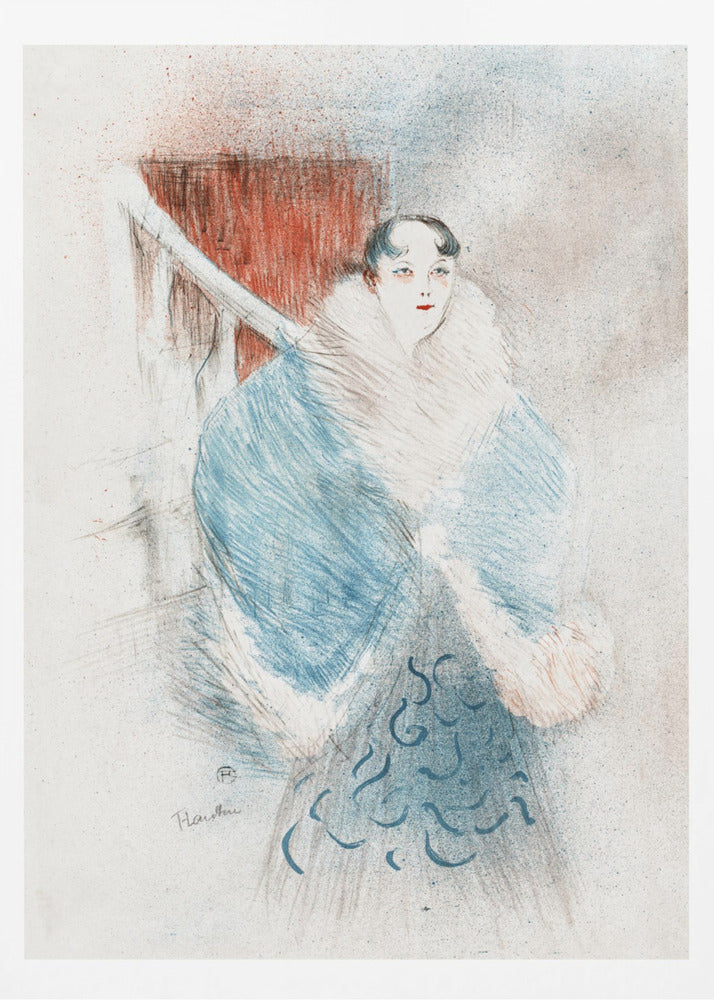 A vintage sketch-style artwork of a woman with dark hair and red lipstick, wearing an elegant, oversized blue coat with a large white fur collar. The background is muted with a prominent red rectangular shape. Artwork
