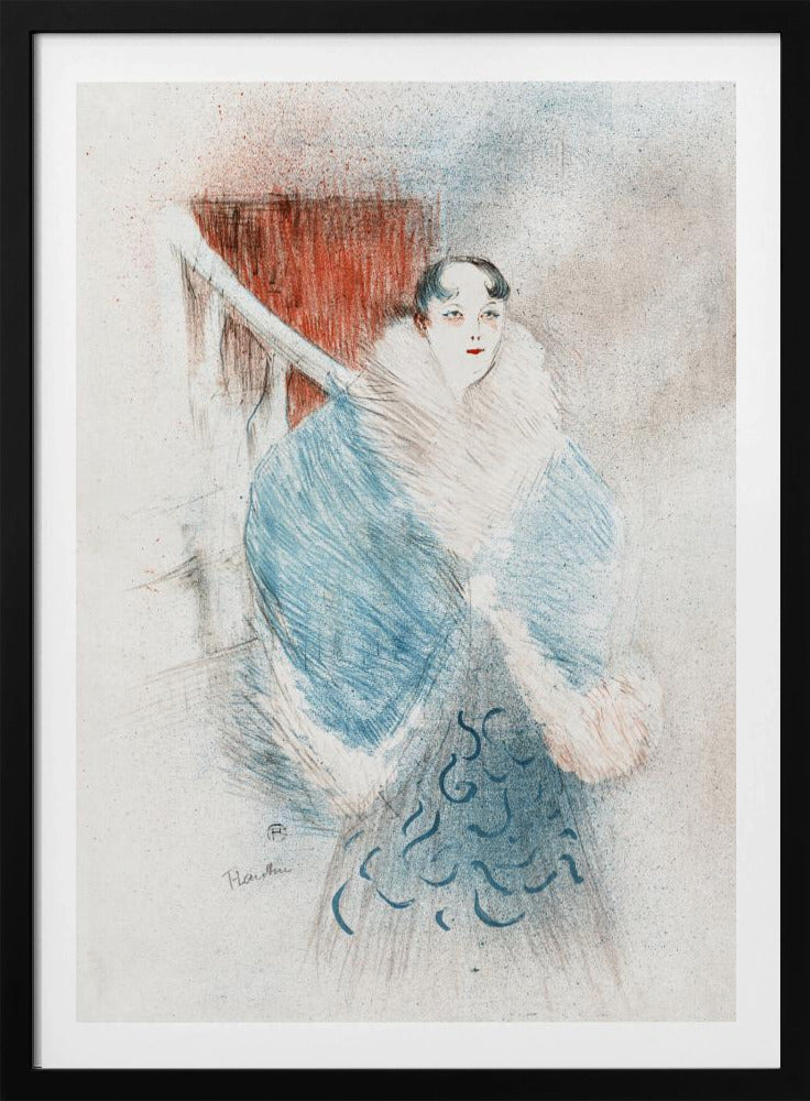 A vintage sketch-style artwork of a woman with dark hair and red lipstick, wearing an elegant, oversized blue coat with a large white fur collar. The background is muted with a prominent red rectangular shape. Artwork