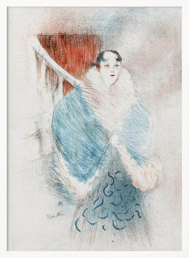 A vintage sketch-style artwork of a woman with dark hair and red lipstick, wearing an elegant, oversized blue coat with a large white fur collar. The background is muted with a prominent red rectangular shape. Artwork