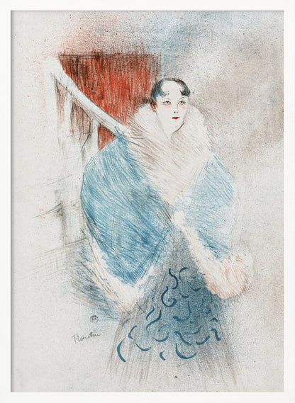 A vintage sketch-style artwork of a woman with dark hair and red lipstick, wearing an elegant, oversized blue coat with a large white fur collar. The background is muted with a prominent red rectangular shape. Artwork