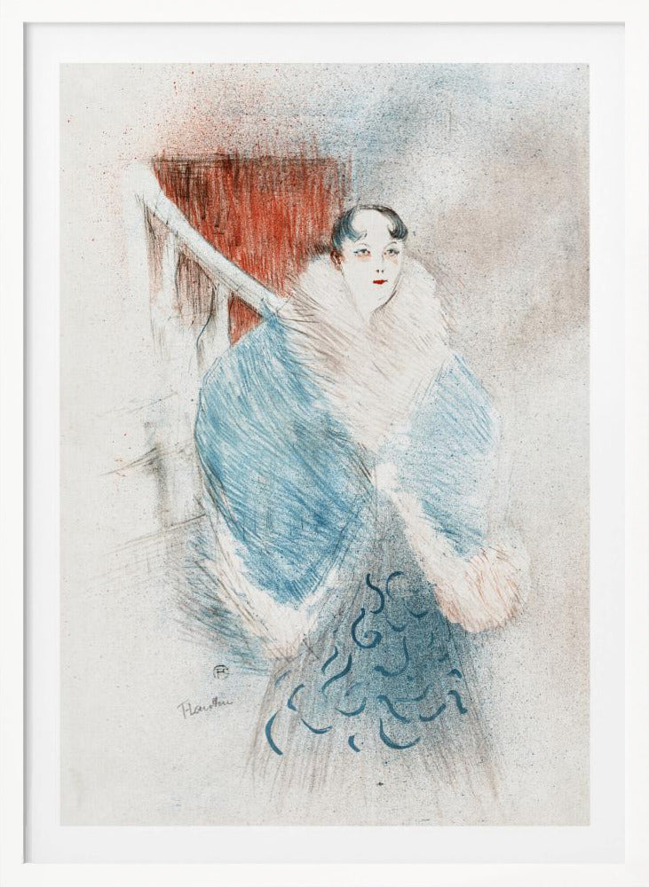 A vintage sketch-style artwork of a woman with dark hair and red lipstick, wearing an elegant, oversized blue coat with a large white fur collar. The background is muted with a prominent red rectangular shape. Artwork