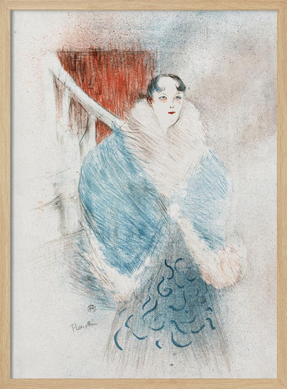 A vintage sketch-style artwork of a woman with dark hair and red lipstick, wearing an elegant, oversized blue coat with a large white fur collar. The background is muted with a prominent red rectangular shape. Artwork